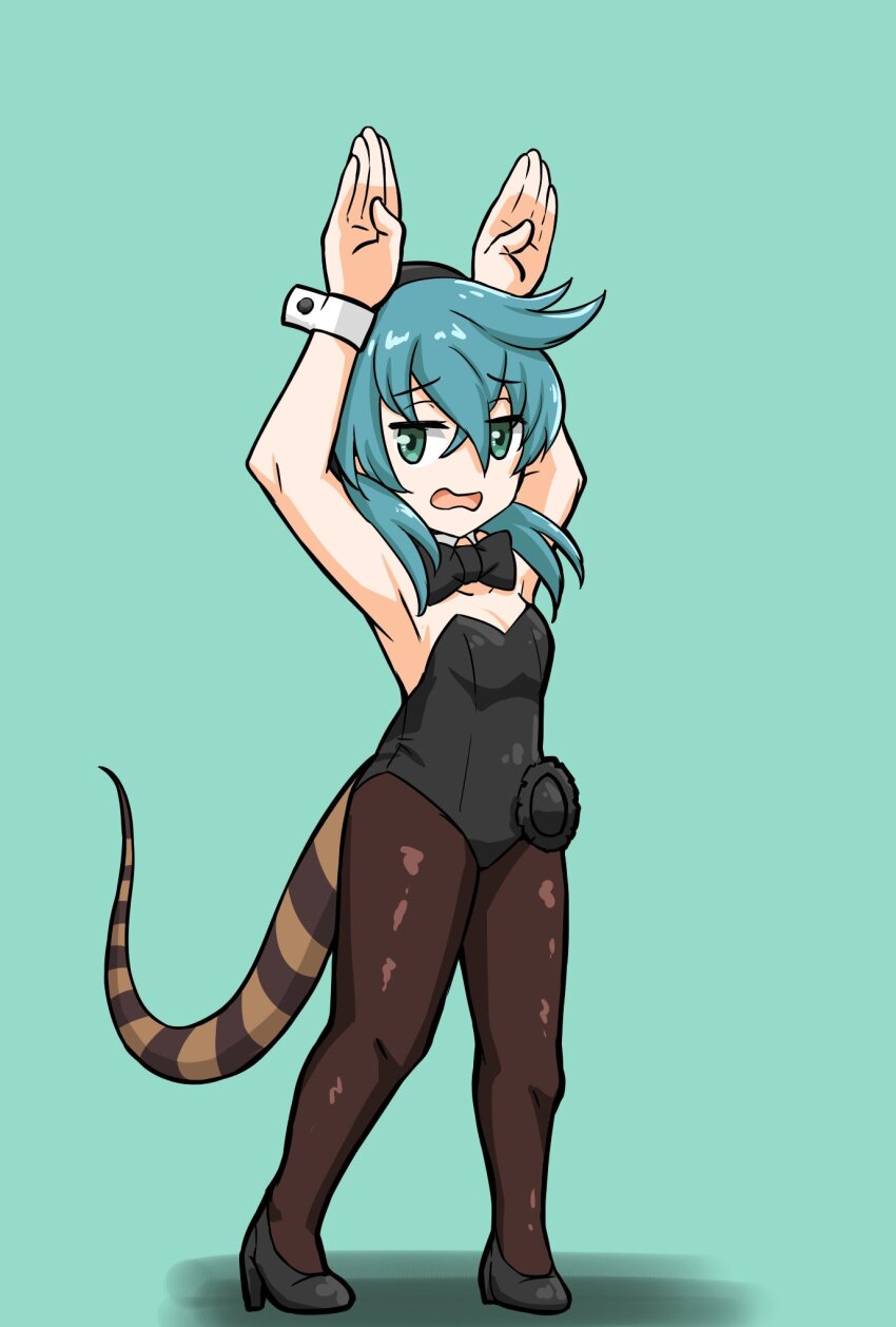 alternate_costume bare_shoulders black_bow black_bowtie black_footwear black_leotard black_pantyhose blue_eyes blue_hair bow bowtie detached_sleeves gravi_pig4891 hair_between_eyes high_heels highres kemono_friends leotard pantyhose playboy_bunny rabbit_pose short_hair sidelocks snake_girl strapless strapless_leotard tsuchinoko_(kemono_friends) wrist_cuffs