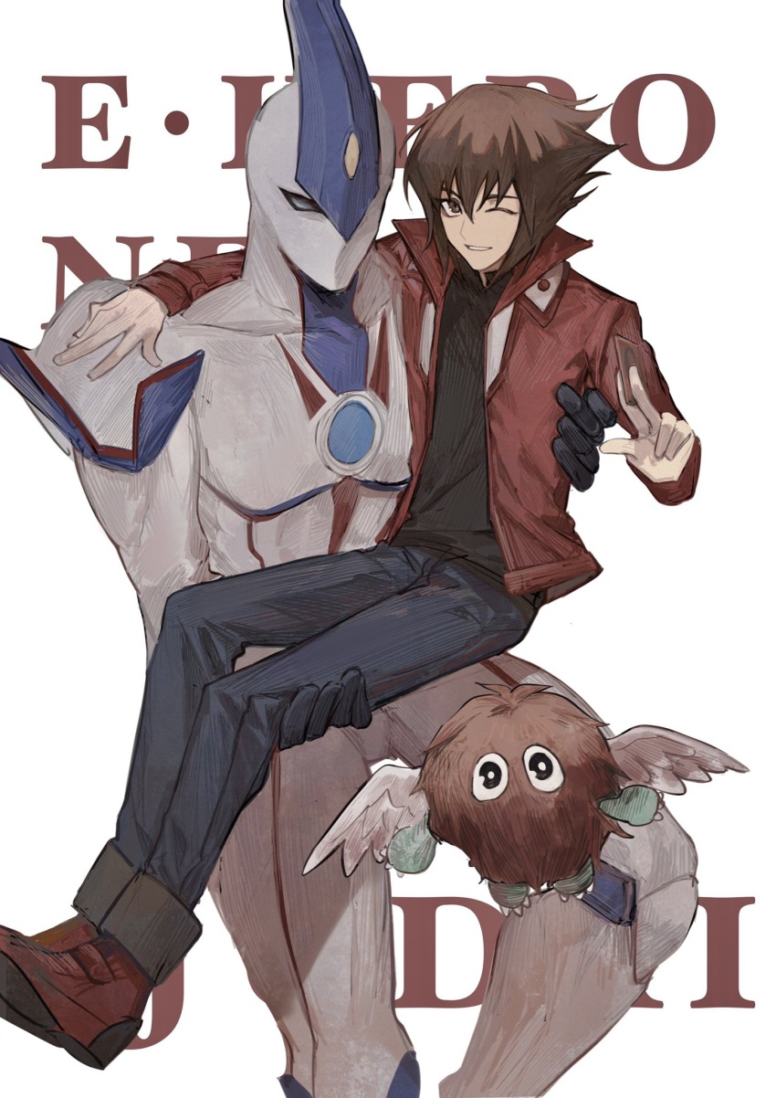1boy arm_around_shoulder arm_up bad_id bad_lofter_id black_shirt blue_eyes blue_pants bright_pupils brown_eyes brown_fur brown_hair card carrying character_name claws denim duel_academy_uniform_(yu-gi-oh!_gx) duel_monster elemental_hero_neos flying full_body grin hand_up happy highres holding holding_card jacket jeans looking_at_viewer male_focus naoki_(2rzmcaizerails6) no_pupils non-web_source one_eye_closed pants princess_carry red_footwear red_jacket shirt shoes short_hair smile spiked_hair trading_card white_background winged_kuriboh yu-gi-oh! yu-gi-oh!_gx yuki_judai