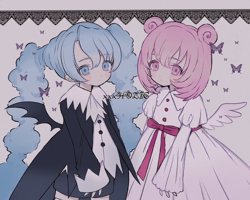 2girls black_wings blue_eyes blue_hair closed_mouth collared_dress demon_wings double_bun dress expressionless hair_bun highres long_hair long_sleeves maru_(xxxholic) moro_(xxxholic) multiple_girls narumame pink_eyes pink_hair pink_ribbon ribbon short_hair twintails very_long_hair white_dress white_wings wings xxxholic