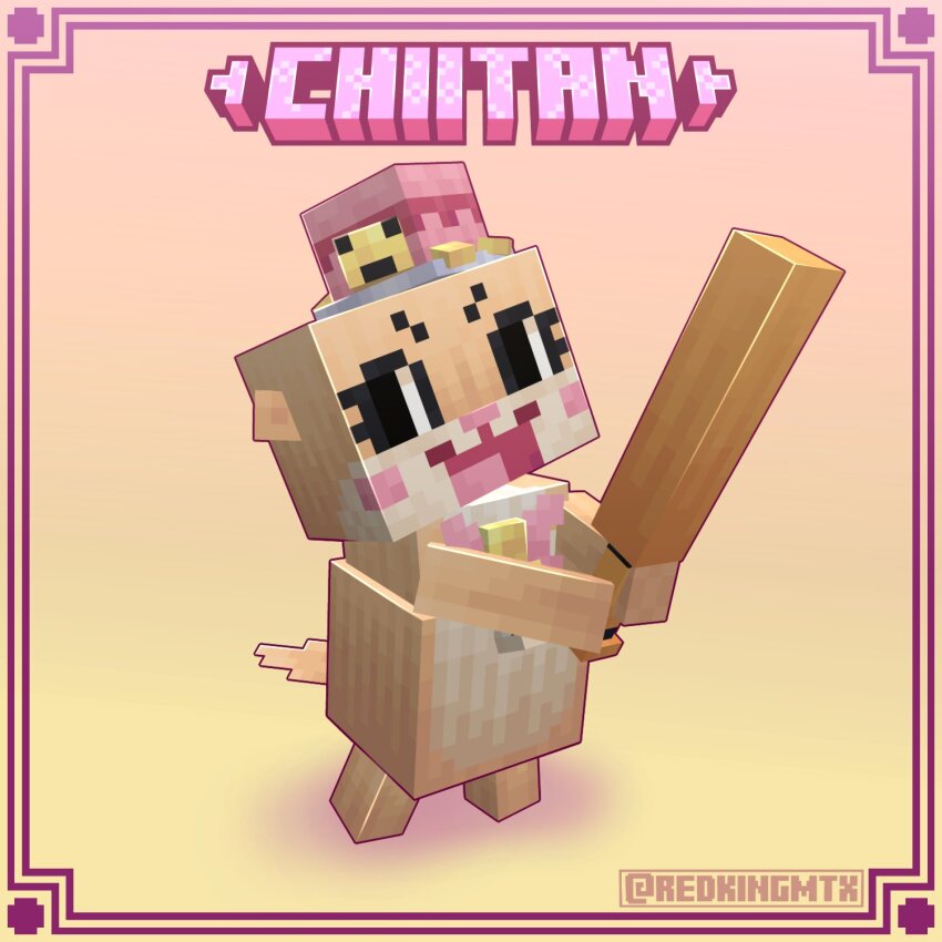 1other 3d animal_ears artist_name baseball_bat black_eyes blockbench_(medium) blush_stickers border bow character_name chiitan commentary english_commentary eyelashes furry hat highres holding holding_baseball_bat looking_at_viewer low_poly mascot minecraft minecraft_(style) open_mouth other_focus otter_ears otter_tail parody pink_bow redkingmtx smile solo style_parody susaki tail watermark