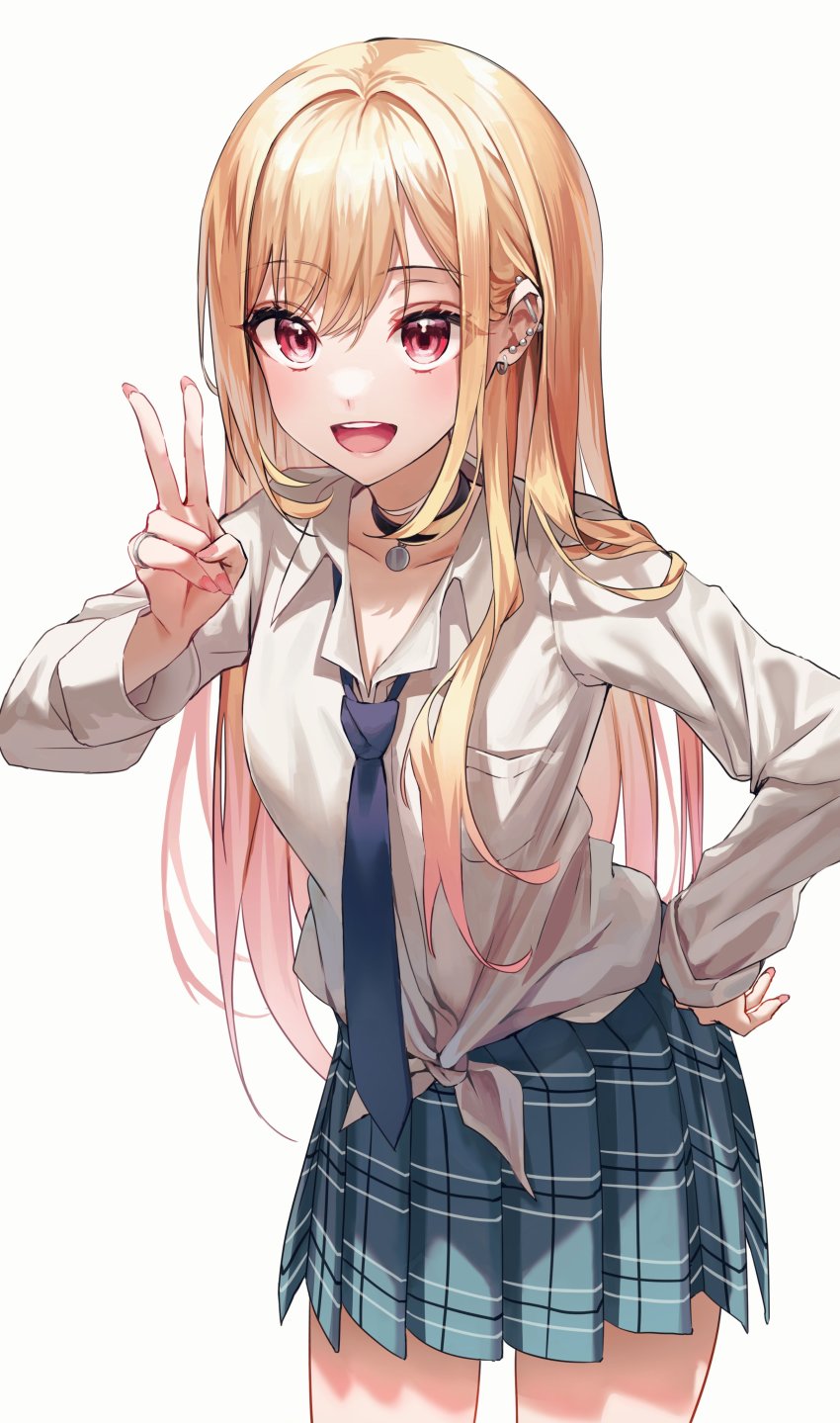 1girl absurdres barbell_piercing black_choker blonde_hair blue_necktie breasts choker collarbone collared_shirt cowboy_shot dress_shirt ear_piercing earrings gradient_hair green_skirt hand_on_own_hip highres jewelry kitagawa_marin long_hair looking_at_viewer medium_breasts miniskirt multicolored_hair nagul nail_polish necktie open_mouth piercing pink_nails plaid_clothes plaid_skirt pleated_skirt red_eyes red_hair ring school_uniform shirt simple_background skirt solo sono_bisque_doll_wa_koi_wo_suru tied_shirt v white_background white_shirt