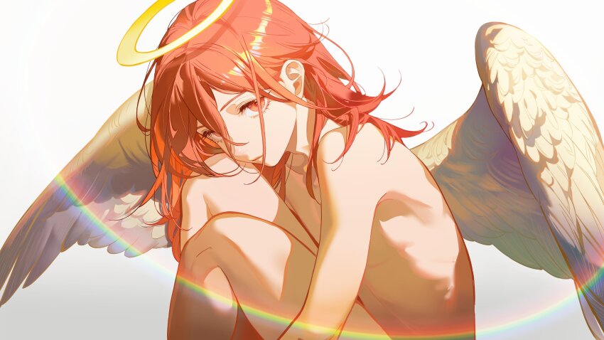 1boy absurdres androgynous angel_devil_(chainsaw_man) angel_wings bilingual_commentary chainsaw_man cherrymaru closed_mouth commentary commentary_request english_commentary feathered_wings from_side hair_between_eyes halo highres knees_up lens_flare long_hair looking_at_viewer male_focus mixed-language_commentary nude orange_eyes orange_hair simple_background traditional_halo white_background white_wings wings yellow_halo
