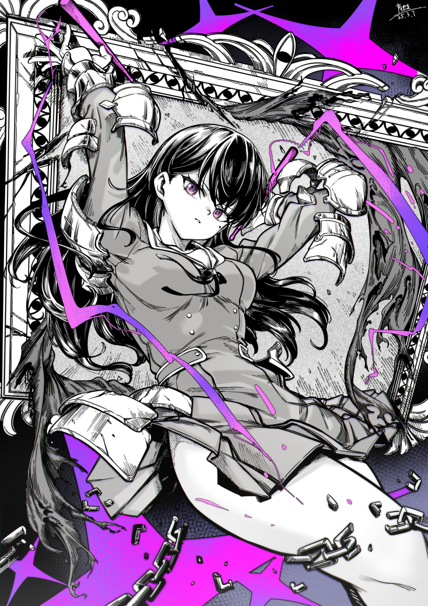 1girl arms_up bang_dream! bang_dream!_it&#039;s_mygo!!!!! black_hair chain highres long_hair mole mole_under_eye picture_frame purple_eyes qingwa_chi_she school_uniform shiina_taki