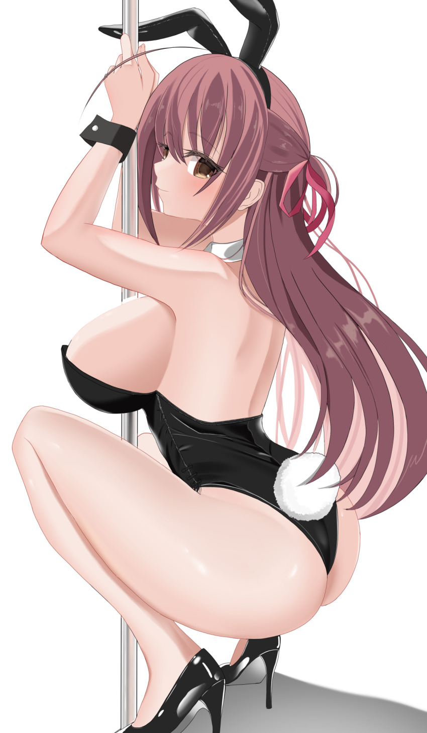 1girl ahoge all_happy alternate_costume animal_ear_hairband animal_ears ass back black_leotard black_shoes black_wrist_cuffs blush breasts brown_eyes brown_hair closed_mouth colored_eyelashes commentary_request curvy detached_collar eyes_visible_through_hair fake_animal_ears fake_tail from_behind full_body hair_between_eyes hair_ribbon hairband half_updo hands_up high_heels highleg highleg_leotard highres holding holding_pole large_breasts leotard long_hair looking_at_viewer misakura_rin no_socks playboy_bunny pole pole_dancing rabbit_ears rabbit_tail red_ribbon ribbon sakura_no_uta shoes sideboob simple_background smile solo squatting straight_hair strapless strapless_leotard tail thighs very_long_hair white_background wrist_cuffs