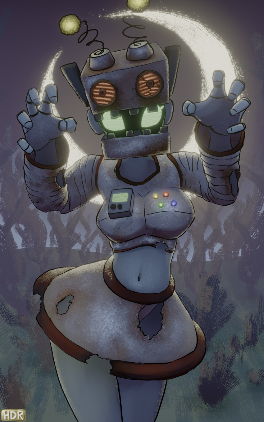 1girl absurdres antennae blue_skin blurry borrowed_character breasts claw_pose colored_skin control_panel_overlay crescent_moon fog glowing glowing_eyes grass green_eyes grey_helmet grey_shirt grey_skirt halloween halloween_costume hdr helmet highres large_breasts long_sleeves looking_at_viewer midriff moon navel night night_sky original robot rust shirt skirt sky soandnb standing torn_clothes torn_shirt torn_skirt tree