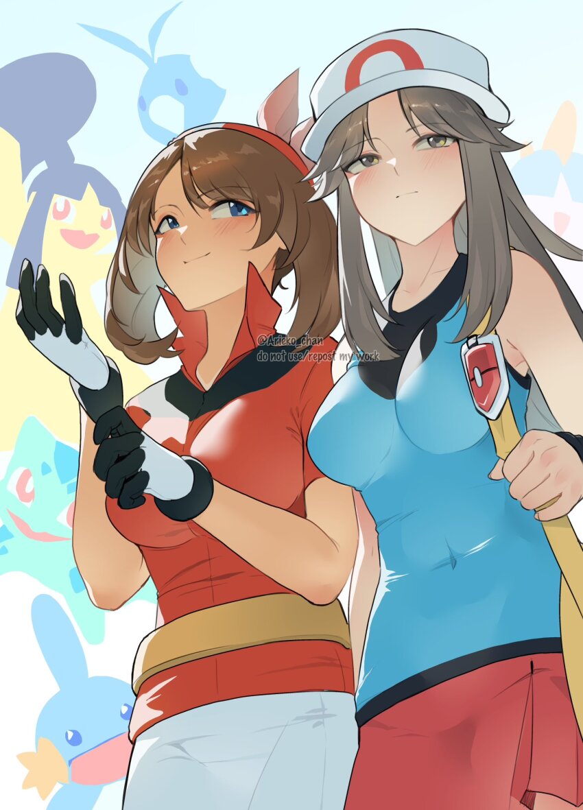 2girls ariekochan bandana bike_shorts blue_eyes blue_shirt blush bow_hairband breasts brown_eyes brown_hair bucket_hat bulbasaur closed_mouth fanny_pack gen_1_pokemon gen_3_pokemon gloves hairband hat highres leaf_(pokemon) long_hair mawile may_(pokemon) mudkip multiple_girls nintendo pokemon pokemon_(creature) pokemon_frlg pokemon_rse porkpie_hat red_bandana red_hairband red_shirt red_skirt shirt short_hair shorts skirt sleeveless sleeveless_shirt smile swablu vs_seeker white_hat wristband yellow_bag
