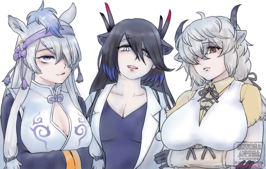 3girls animal_ears black_dragon_(kemono_friends) black_hair blue_eyes blue_hair bow bowtie brown_bow brown_bowtie brown_eyes coat collared_shirt crossed_arms dragon_ears dragon_girl dragon_horns dress grey_eyes gyokuryu_(kemono_friends) hair_between_eyes hair_bow hair_over_one_eye hairband headgear horns horse_ears horse_girl kemono_friends lab_coat long_hair long_sleeves looking_at_viewer multicolored_hair multiple_girls open_clothes open_coat orange_trim ox_ears ox_girl ox_horns purple_bow purple_bowtie purple_hairband purple_shirt purple_sleeves saja_(166j357) shirt short_sleeves sidelocks slit_pupils stethoscope t-shirt twintails upper_body white_coat white_dress yak_(kemono_friends) yellow_shirt