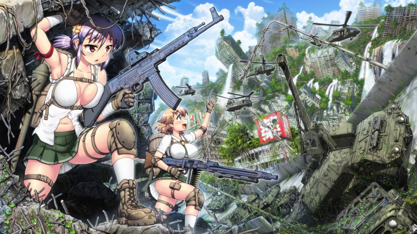 2girls aircraft assault_rifle backpack bag bandaged_arm bandages blue_sky breasts brown_eyes brown_gloves brown_hair cleavage cloud commentary_request flower gloves green_skirt gun hair_flower hair_ornament hairclip hase_yu helicopter holding holding_gun holding_weapon impossible_clothes impossible_shirt knee_pads large_breasts machine_gun mg42 military_vehicle miniskirt motor_vehicle multiple_girls original overgrown partially_unbuttoned pleated_skirt ponytail post-apocalypse pouch purple_hair rifle ruins ship shirt short_ponytail skirt sky sleeves_rolled_up socks stg44 tank thigh_pouch thigh_strap trigger_discipline watercraft waving weapon white_socks