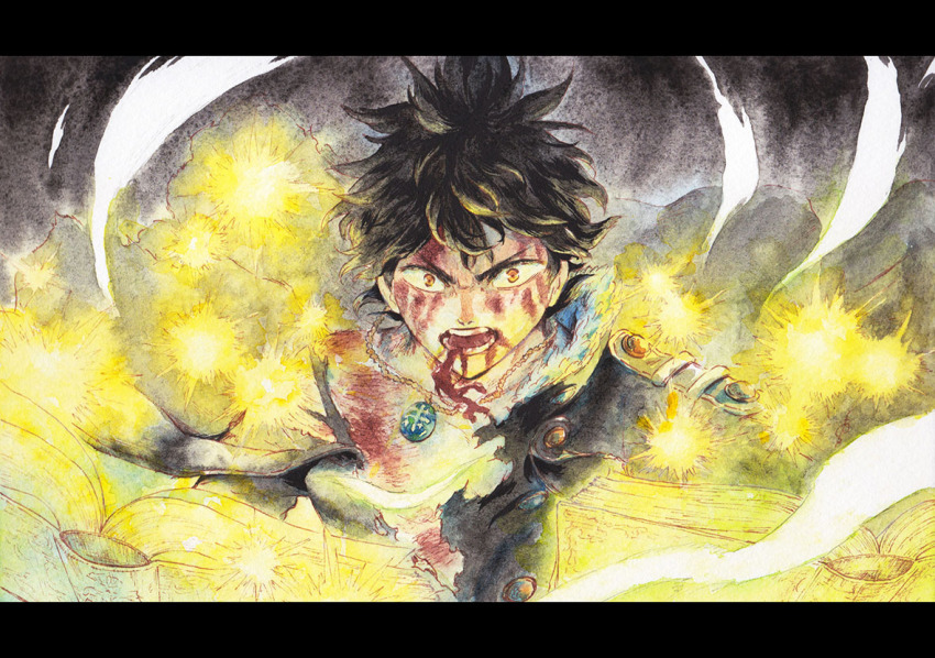 amulet black_clover black_hair blood blood_from_mouth blood_on_body blood_on_chest blood_on_face book brown_eyes energy_ball floating floating_book floating_object grimoire jewelry looking_at_viewer magic male_focus necklace nnararagi open_book open_mouth powering_up short_hair solo torn_clothes v-shaped_eyebrows wide-eyed yellow_light yuno_(black_clover)