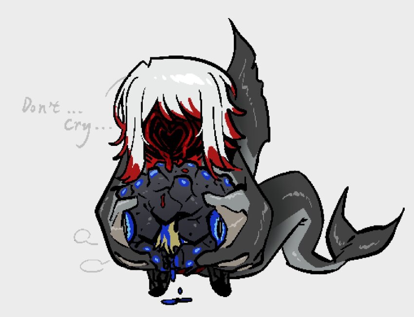 1boy 1girl blood blood_in_hair blubbering_toad_(project_moon) blue_eyes bodysuit cavernous_wailing_(e.g.o) e.g.o_(project_moon) faust_(project_moon) fluid_sac_(e.g.o) grey_bodysuit headless_ichthys heart highres limbus_company ohzv project_moon short_hair sidelocks simple_background sinclair_(project_moon) speech_bubble white_background white_hair