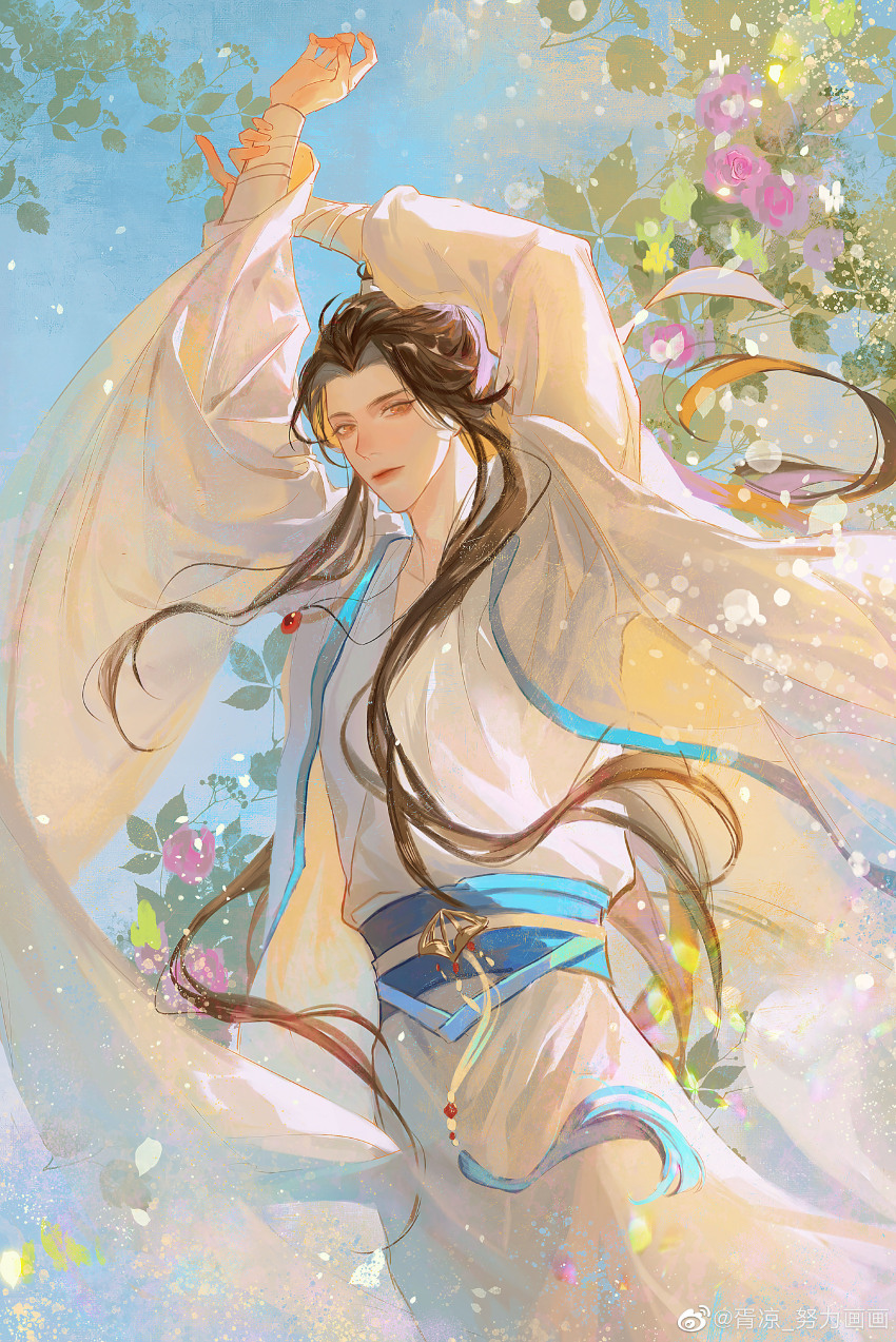 1boy absurdres arms_up blue_sash blue_sky brown_hair chinese_clothes chu_wanning closed_mouth cowboy_shot erha_he_tadebai_mao_shizun flower hair_ribbon hand_on_own_wrist hanfu high_ponytail highres jewelry leaf long_hair long_sleeves looking_at_viewer male_focus necklace pink_flower pink_rose ponytail ribbon rose sash sky solo tassel third-party_source watermark weibo_watermark white_hanfu white_ribbon wide_sleeves xu_liang yaopei yellow_eyes