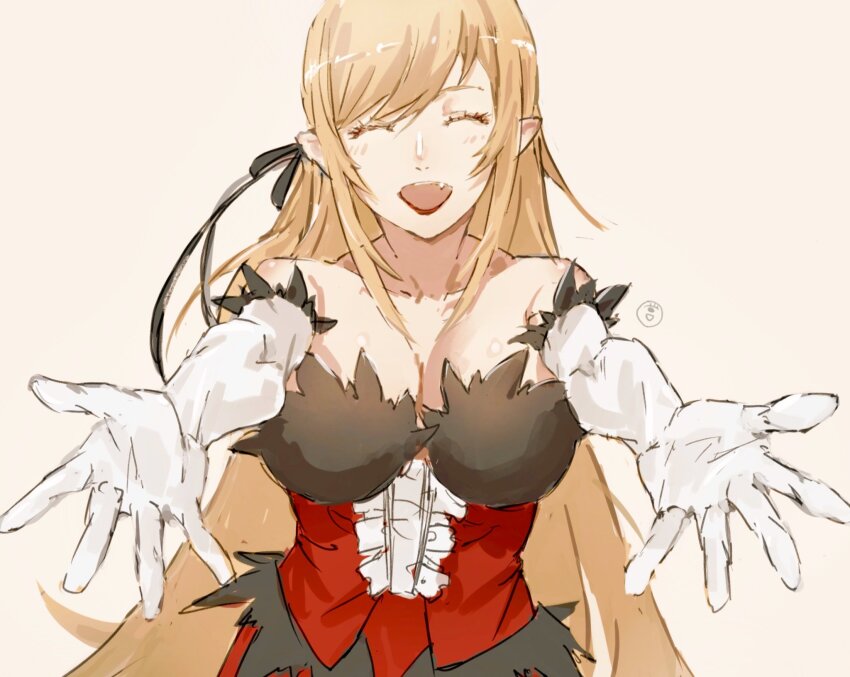 1girl artist_logo bare_shoulders blonde_hair breasts cleavage closed_eyes collarbone dress elbow_gloves fang feather-trimmed_dress feather-trimmed_gloves feather_trim frilled_dress frills gloves hair_ribbon highres kiss-shot_acerola-orion_heart-under-blade kizumonogatari large_breasts logo long_hair monogatari_(series) open_mouth oshino_shinobu pointy_ears reaching reaching_towards_viewer red_dress ribbon simple_background smile solo strapless strapless_dress taki_(a313131333) vampire very_long_hair white_gloves