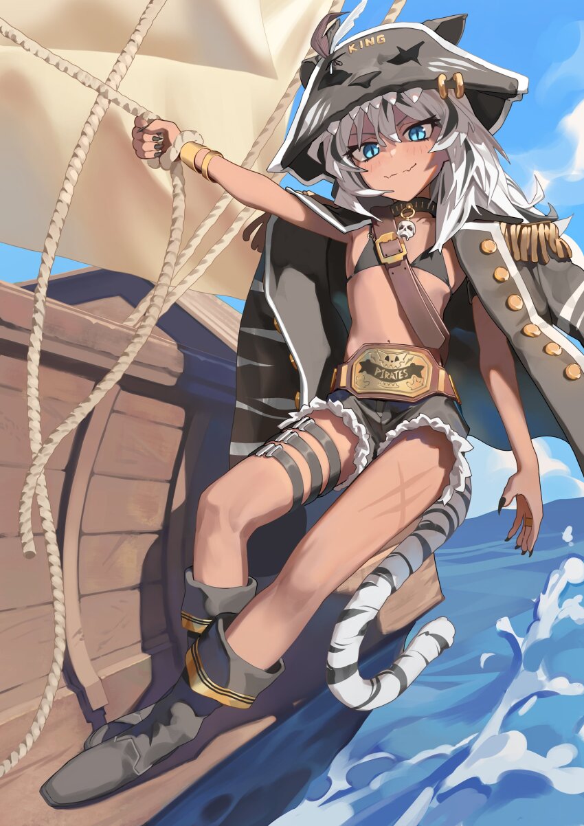 1girl absurdres animal_ears belt blue_eyes boots bra collar dark-skinned_female dark_skin gaomi_goro grey_hair hat hechium highres multicolored_hair outdoors pirate pirate_hat rope ship short_shorts shorts skull_ornament stellarversepro tail tiger_ears tiger_girl tiger_tail two-tone_hair underwear water watercraft