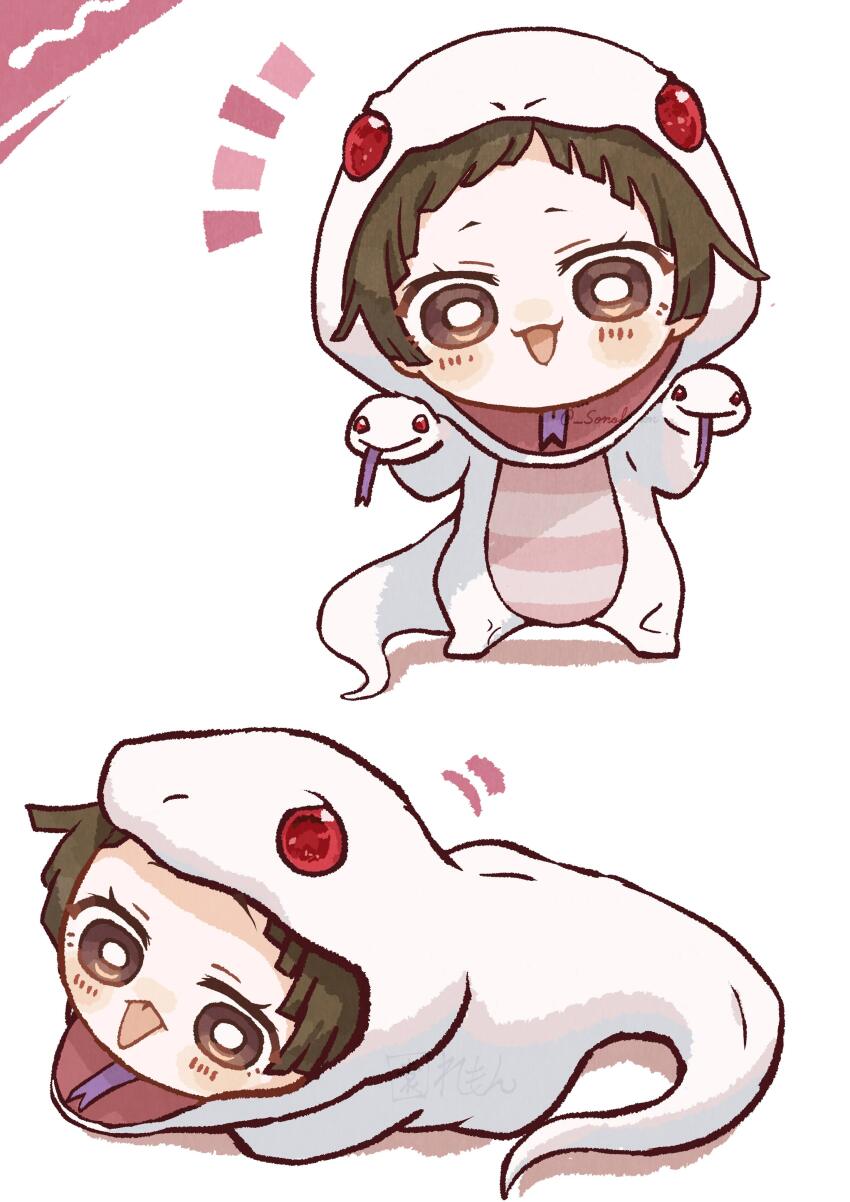 1girl :p absurdres animal_costume blush bright_pupils brown_eyes brown_hair chibi chibi_only commentary_request costume highres izu_lemon kuchinawa looking_at_viewer monogatari_(series) multiple_views nademonogatari no_nose open_mouth parted_bangs sengoku_nadeko short_hair simple_background snake snake_costume tongue tongue_out white_background white_pupils