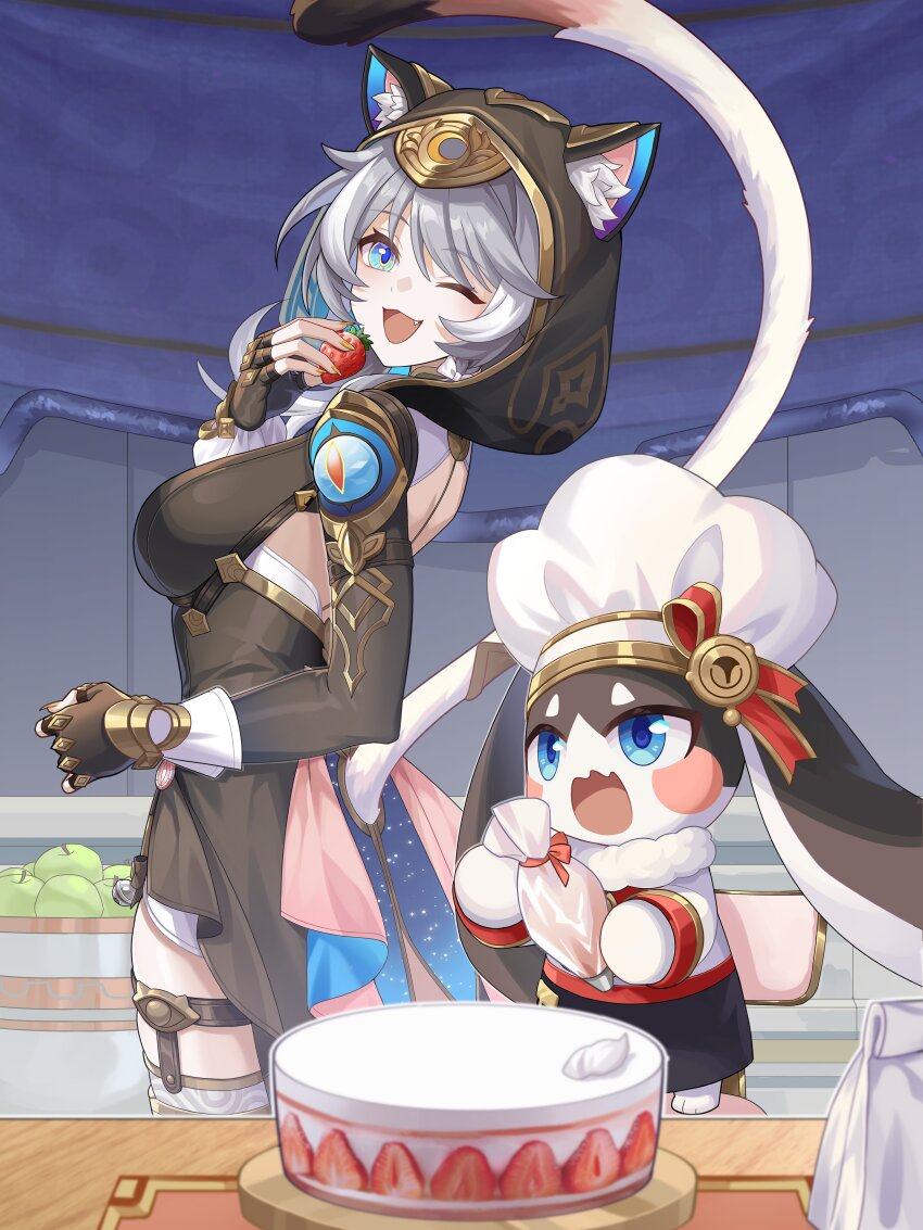 1girl 1other absurdres animal_ears apple black_dress blue_eyes blush_stickers breasts cake cat_ears cat_girl cat_tail chef_hat cipher_(honkai:_star_rail) dress food fruit green_apple grey_hair hakka_0922 hat highres holding holding_food holding_fruit honkai:_star_rail honkai_(series) one_eye_closed open_mouth pom-pom_(clamoring_fry-master!)_(honkai:_star_rail) pom-pom_(honkai:_star_rail) red_ribbon ribbon smile strawberry tail white_hat