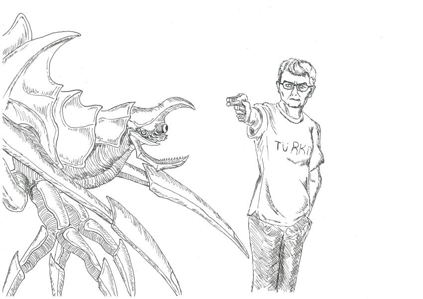 1boy 2024_summer_olympics absurdres air_gun alien bug daiei_film extra_eyes gamera_(series) gamera_2:_attack_of_legion glasses grey_hair gun handgun highres kaiju monochrome monster olympics phylloxera_worm_(artist) pistol real_life sketch soldier_legion space_monster weapon yusuf_dikec