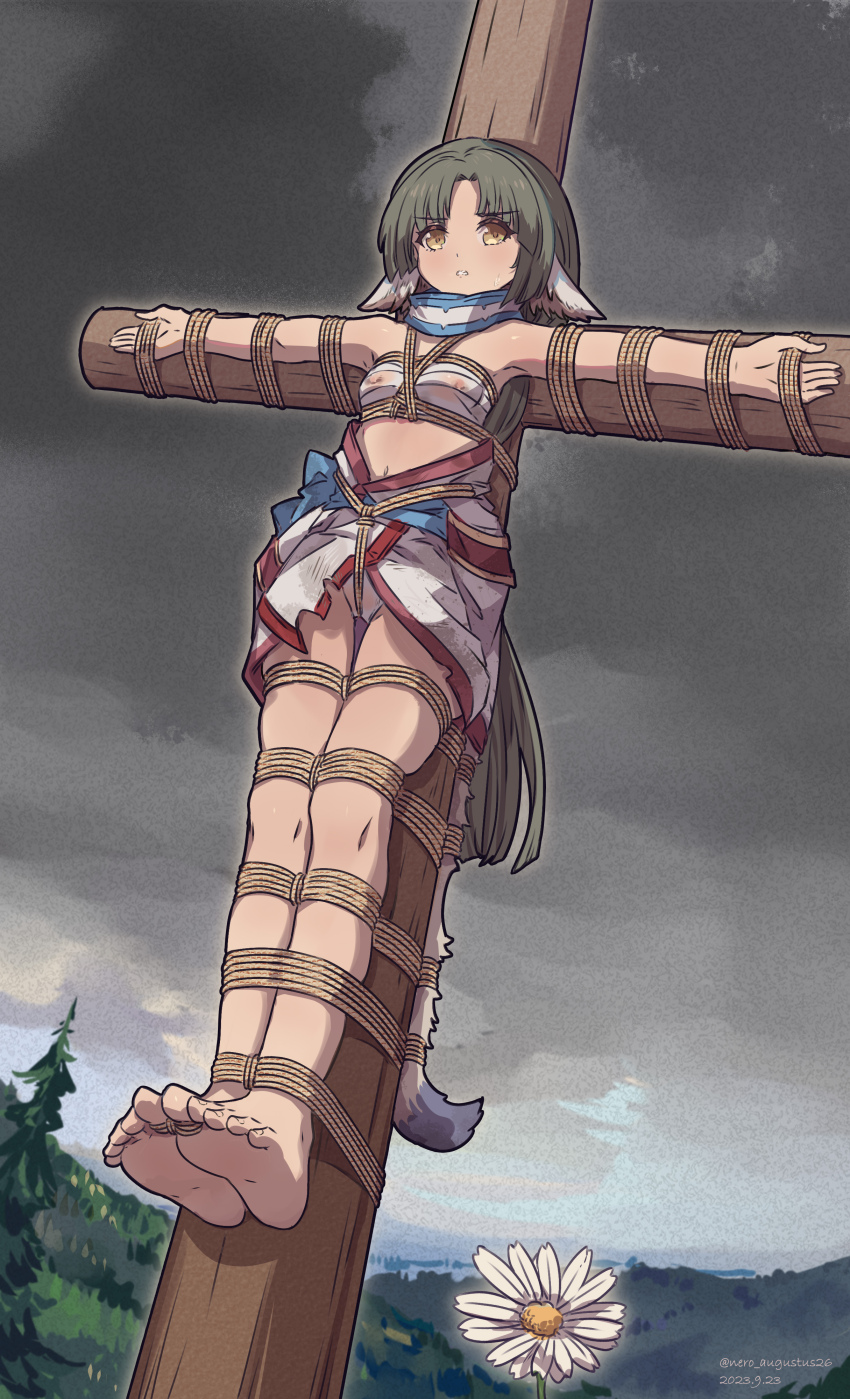 1girl absurdres ainu_clothes angry animal_ears artist_name bare_legs barefoot bdsm bondage bound bound_toes chest_sarashi clenched_teeth clothes_lift cloud cloudy_sky covered_erect_nipples crotch_rope crucifixion eruruu flower forest green_hair highres long_hair looking_at_viewer nature nero_augustus panties sarashi see-through_clothes shibari sidelocks sky soles tail teeth underwear utawarerumono yellow_eyes