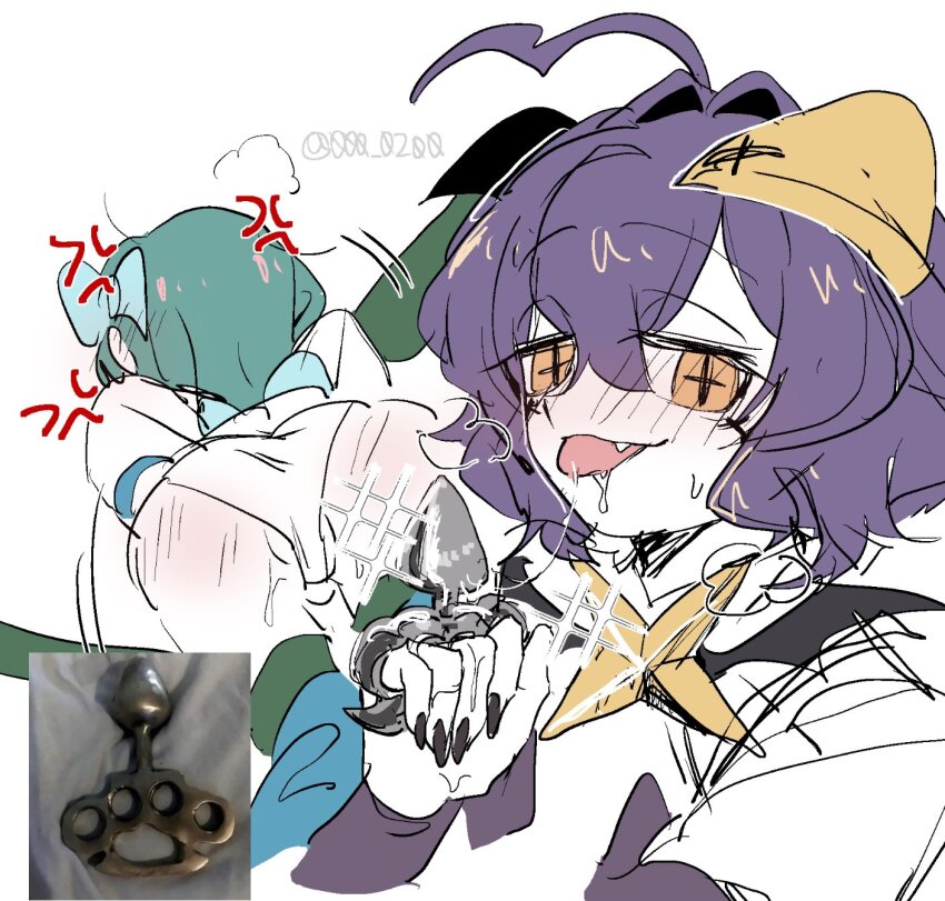 2girls ahoge an_sin anger_vein bow brass_knuckles butt_plug fang forward_facing_horns green_hair hair_bow highres hiiragi_utena long_hair looking_at_viewer magia_azure magia_baiser mahou_shoujo_ni_akogarete medium_hair minakami_sayo multiple_girls nail_polish panties photo_inset purple_eyes saliva sex_toy simple_background star-shaped_pupils star_(symbol) symbol-shaped_pupils tongue tongue_out underwear weapon white_background yellow_eyes you_gonna_get_raped yuri
