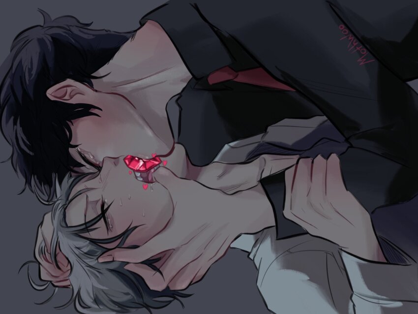 2boys alien_stage black_hair black_shirt closed_eyes collared_shirt commentary english_commentary grey_background grey_hair hand_on_another&#039;s_face hand_on_another&#039;s_head highres holding_another&#039;s_arm ivan_(alien_stage) kiss long_sleeves male_focus mothwoo multiple_boys necktie red_necktie shirt short_hair signature tears till_(alien_stage) very_short_hair white_shirt yaoi