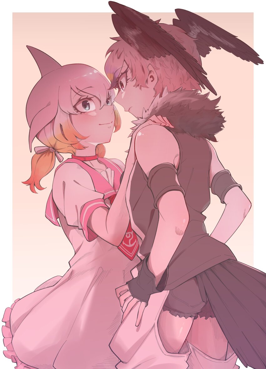 2girls absurdres animal_ears bird_girl bird_tail bird_wings blonde_hair blowhole blue_eyes blush cetacean_tail chinese_white_dolphin_(kemono_friends) closed_mouth dolphin_girl dorsal_fin dress fins fish_tail gloves gm_(ggommu) hair_between_eyes head_wings highres kemono_friends kemono_friends_3 lappet-faced_vulture_(kemono_friends) multicolored_hair multiple_girls orange_hair pink_hair sailor_collar sailor_dress shirt short_hair short_sleeves shorts skirt smile tail twintails vest white_hair wings yuri