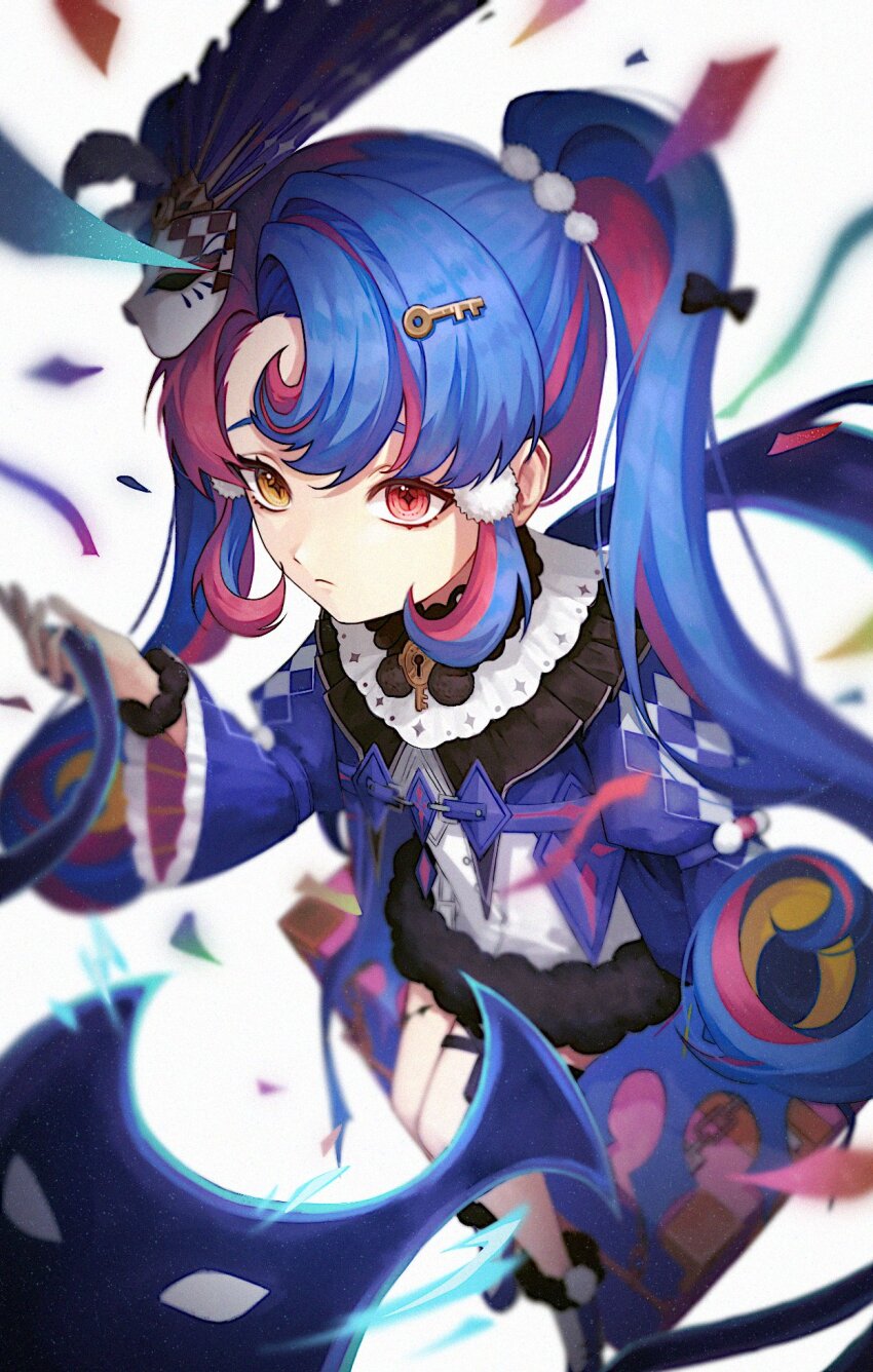 1girl closed_mouth commentary_request confetti dress eye_mask fur-trimmed_dress fur_trim heterochromia highres jeulpa_216 key_hair_ornament long_hair mask mask_on_head on_suitcase pero_(wuthering_waves) red_eyes roccia_(wuthering_waves) sitting solo white_background white_dress wuthering_waves yellow_eyes