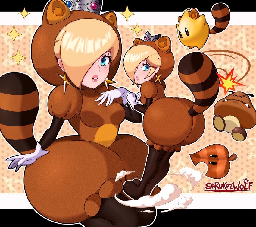 1girl absurdres artist_name ass blue_eyes goomba hair_over_one_eye highres leaning_forward looking_at_viewer luma_(mario) mario_(series) nintendo parted_lips raccoon_tail rosalina sarukaiwolf super_mario_3d_world tail tail_whip tanuki_rosalina tanuki_suit