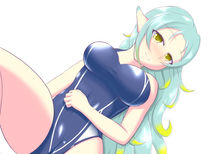 1girl bare_shoulders blue_hair breasts highres long_hair muzet_(tales) pointy_ears smile swimsuit tales_of_(series) tales_of_xillia yellow_eyes