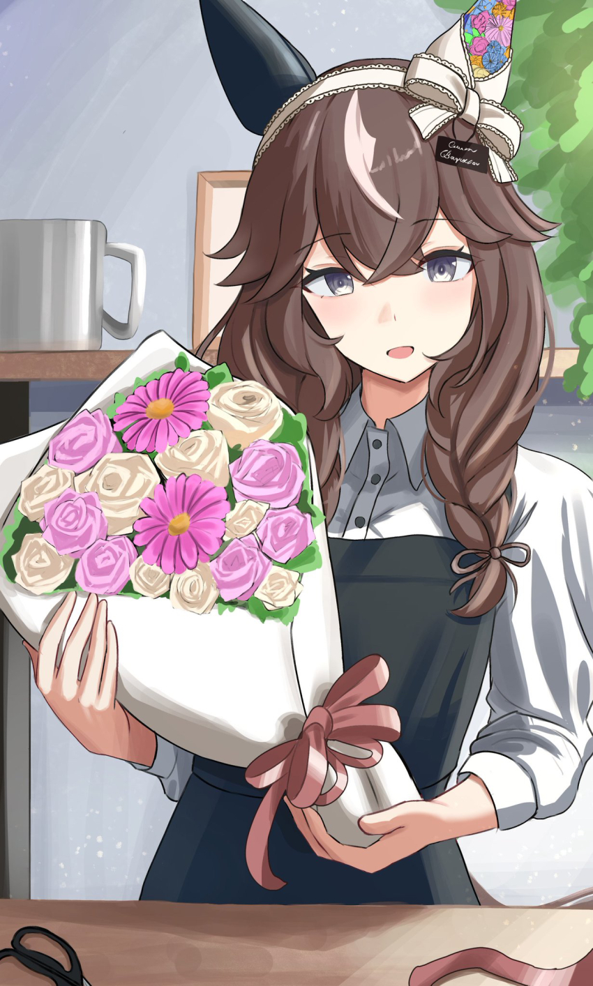 1girl alternate_costume animal_ears apron black_apron bouquet braid braided_sidelocks brown_hair collared_shirt curren_bouquetd&#039;or_(umamusume) flower grey_eyes hair_between_eyes hairband highres holding holding_bouquet horse_ears horse_girl long_hair long_sleeves looking_at_viewer low_twin_braids mismatched_ear_covers naname_(nanameee_04) shirt smile solo twin_braids umamusume upper_body white_hairband white_shirt