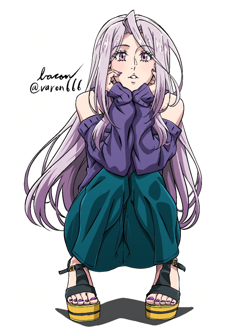 1girl baron_(varon666) fuuto_tantei highres long_hair nail_polish purple_eyes purple_hair sandals solo toenail_polish toenails tokime_(fuuto_tantei) varon