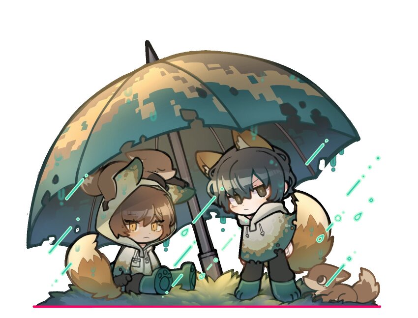 1boy 1girl animal_ears black_eyes black_gloves black_hair black_pants brown_eyes brown_hair chibi drawstring drifting_fox e.g.o_(project_moon) fox_ears fox_tail gloves highres hood hood_down hooded_coat limbus_company looking_at_viewer outis_(project_moon) pants project_moon raincoat short_hair simple_background sunshower_(e.g.o) tail white_background white_raincoat yi_sang_(project_moon) zeremi0102