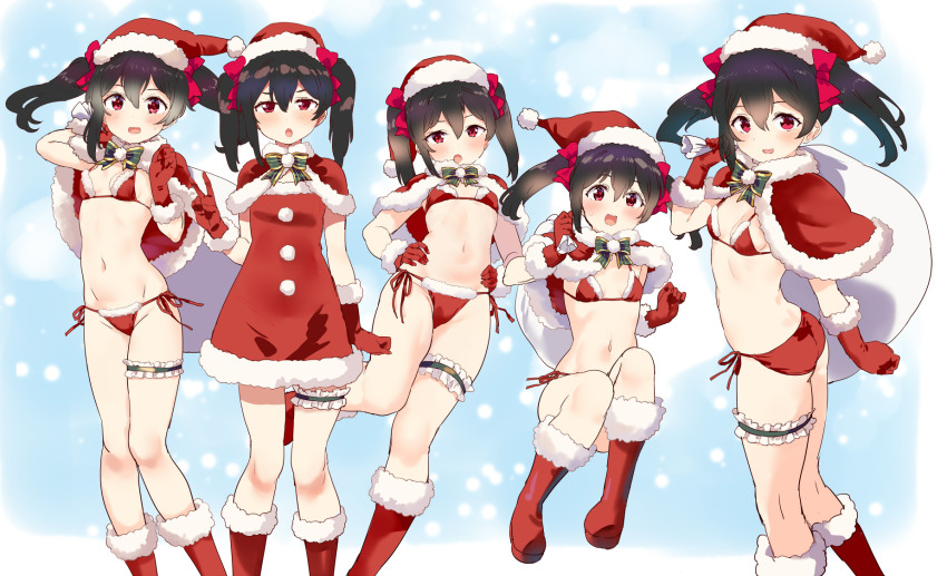 1girl bikini black_hair boots bow bowtie breasts capelet christmas dress feet_out_of_frame fur-trimmed_bikini fur-trimmed_boots fur-trimmed_capelet fur-trimmed_dress fur-trimmed_headwear fur_trim green_bow green_bowtie hat highres kurokawa_makoto long_hair love_live! love_live!_school_idol_project multiple_views red_bikini red_capelet red_dress red_eyes red_footwear red_headwear sack santa_hat side-tie_bikini_bottom small_breasts standing swimsuit twintails yazawa_nico