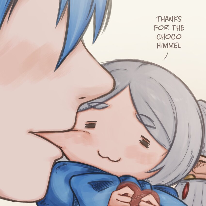 1boy 1girl :3 =_= basedlida biting biting_cheek blue_hair blue_scarf candy chibi chocolate chocolate_heart commentary earrings english_text faceless faceless_male food frieren grey_hair heart heart-shaped_food highres himmel_(sousou_no_frieren) jewelry pointy_ears scarf sousou_no_frieren symbol-only_commentary thick_eyebrows twintails