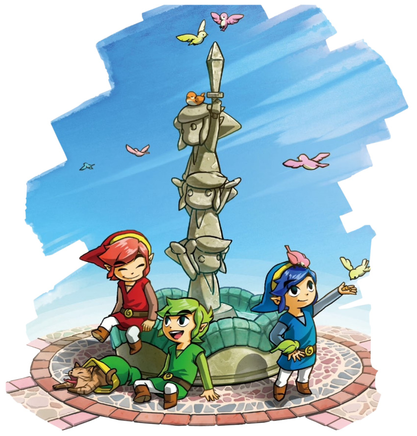 3boys belt bird blue_hair blue_headwear blue_sky blue_tunic boots brown_belt brown_footwear cat closed_eyes green_hair green_headwear green_tunic holding holding_sword holding_weapon link multiple_boys multiple_persona nintendo official_art open_mouth outdoors pointy_ears red_hair red_headwear red_tunic short_hair sky statue stone_floor sword teeth the_legend_of_zelda the_legend_of_zelda:_tri_force_heroes toon_link transparent_background tunic unworn_headwear upper_teeth_only weapon