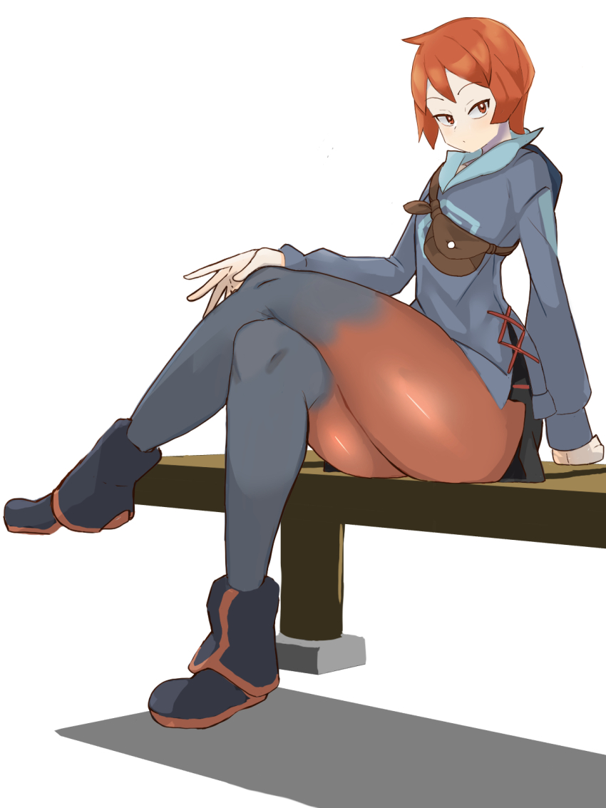 1girl arezu_(pokemon) bench black_shorts blue_jacket blush boots breasts cowlick crossed_legs highres jacket long_sleeves looking_at_viewer nintendo pantyhose pantyhose_under_shorts pokemon pokemon_legends:_arceus red_eyes red_hair red_pantyhose short_hair shorts sitting small_breasts solo user_fkzw8222