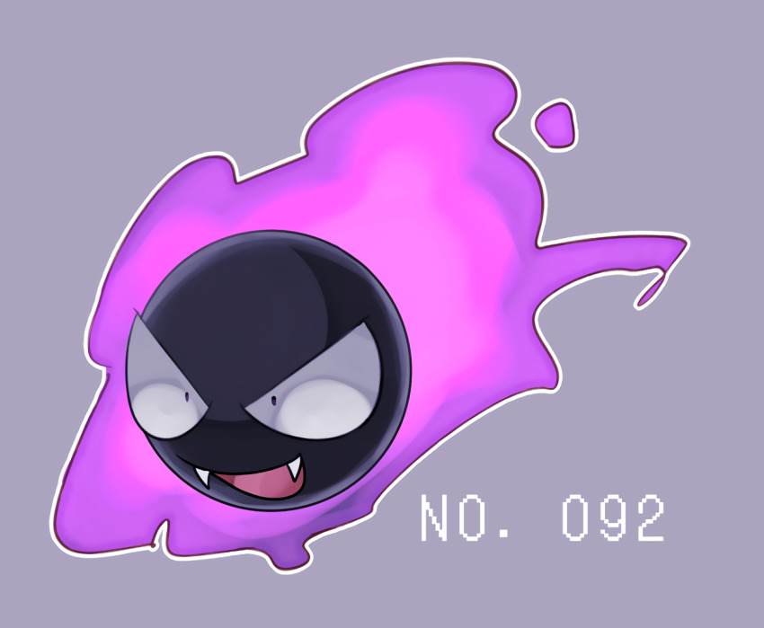 animal_focus black_eyes constricted_pupils fangs floating full_body gastly gen_1_pokemon ghost happy kureson_(hayama_baa) nintendo no_humans open_mouth outline pokedex_number pokemon pokemon_(creature) purple_background purple_theme simple_background smile white_outline