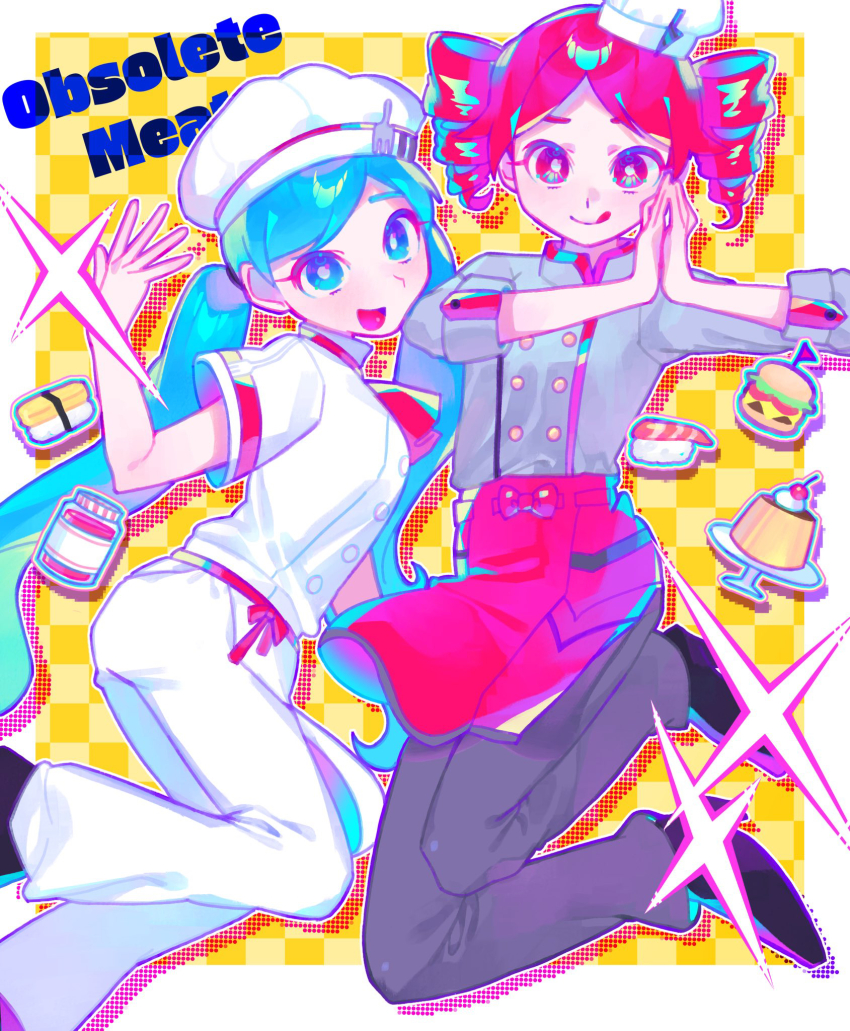 2girls alternate_costume apron black_footwear black_pants breasts burger buttons chef_hat cherry double-breasted drill_hair feet_out_of_frame fish_(food) food fruit full_body hair_between_eyes hands_up hashtag-only_commentary hat hatsune_miku highres iro_(mywife_sunny) kasane_teto kasane_teto_(sv) mini_hat multiple_girls neck_ribbon nigirizushi obsolete_meat_(vocaloid) own_hands_clasped own_hands_together pants parted_bangs plate pudding red_apron red_eyes red_hair red_ribbon red_trim ribbon shirt short_sleeves simple_background sleeves_rolled_up small_breasts smile sushi synthesizer_v tongue tongue_out toque_blanche twin_drills utau vocaloid waist_apron white_background white_pants white_shirt yellow_background