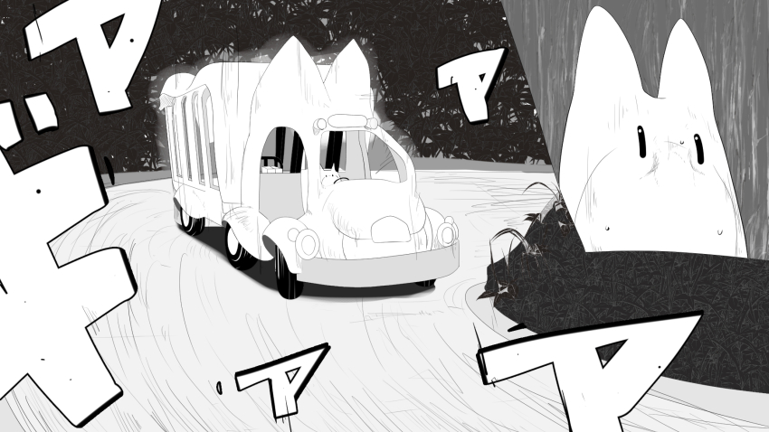 assha_(schector) box bus commentary_request drifting driving grass greyscale highres initial_d japari_bus kemono_friends lucky_beast_(kemono_friends) monochrome motor_vehicle no_humans parody road steering_wheel zoom_layer