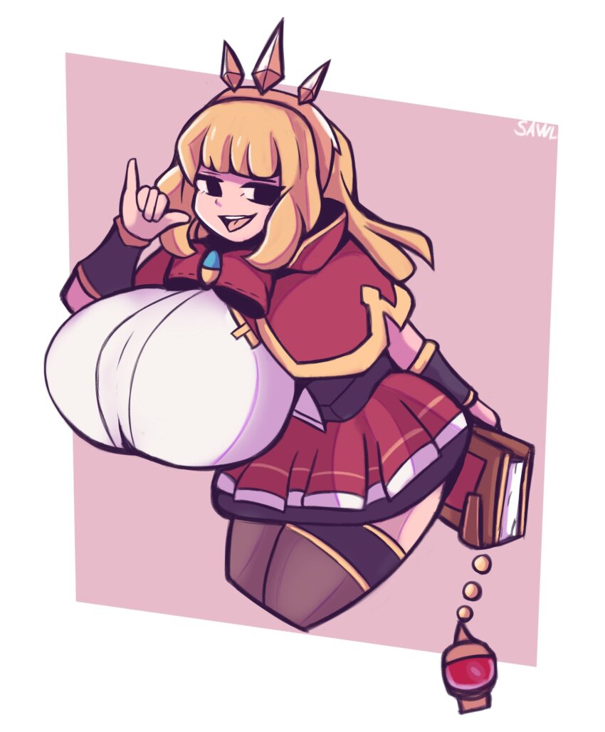 1girl alternate_breast_size black_eyes blonde_hair book bow bracelet breasts cagliostro_(granblue_fantasy) capelet granblue_fantasy hair_ornament highres holding huge_breasts jewelry long_hair looking_at_viewer m/ naughty_face open_mouth sawl shirt simple_background skirt smile thighhighs tongue
