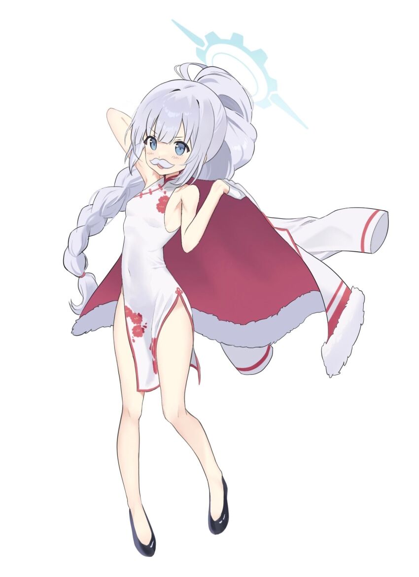 5uj0 arca.live_(website) blue_archive blue_eyes blue_halo braid breasts cherino_(blue_archive) cherino_(qipao)_(blue_archive) china_dress chinese_clothes dress full_body grey_hair halo high_heels highres jacket second-party_source simple_background single_braid small_breasts white_background white_jacket