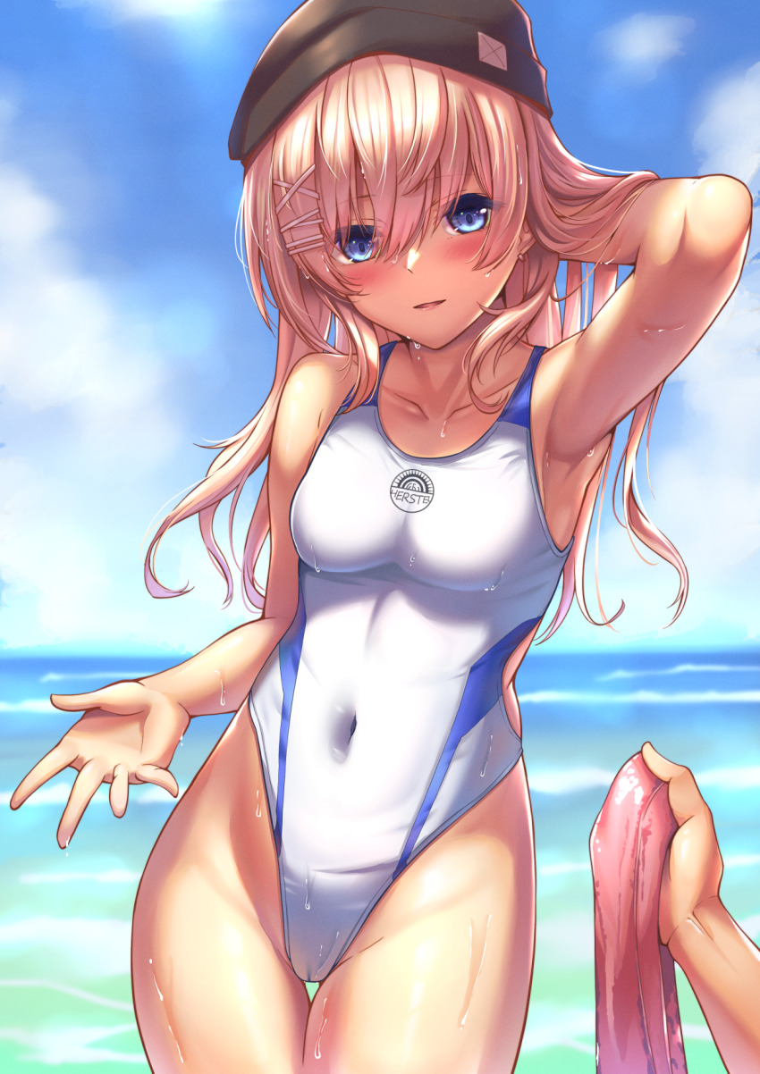 1girl 1other baseball_cap black_headwear blue_eyes blue_sky blush breasts cloud collarbone commentary_request competition_swimsuit covered_navel cowboy_shot day girls&#039;_frontline hat highleg highleg_one-piece_swimsuit highres horizon light_brown_hair long_hair looking_at_viewer medium_breasts ocean one-piece_swimsuit open_mouth outdoors scar-l_(girls&#039;_frontline) sky solo_focus swimsuit thigh_gap water wet white_one-piece_swimsuit xlscaler