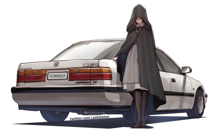 1girl boots car dress elden_ring highres honda_accord hood hood_over_eyes hooded_coat medium_hair melina_(elden_ring) motor_vehicle patatatan pun red_hair solo thigh_boots thighhighs transparent_background vehicle_focus white_car