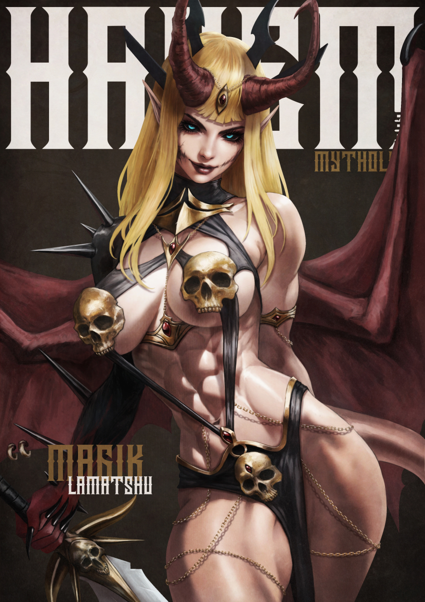 1girl abs absurdres armlet armor black_nails black_sclera blue_eyes breasts colored_sclera fingernails gold_armlet gold_trim highres holding holding_sword holding_weapon horns jewelry lips long_fingernails long_hair magik_(x-men) marvel monori_rogue navel pauldrons pelvic_curtain pointy_ears shoulder_armor single_pauldron skull_ornament solo spiked_pauldrons spikes sword tail weapon wings x-men