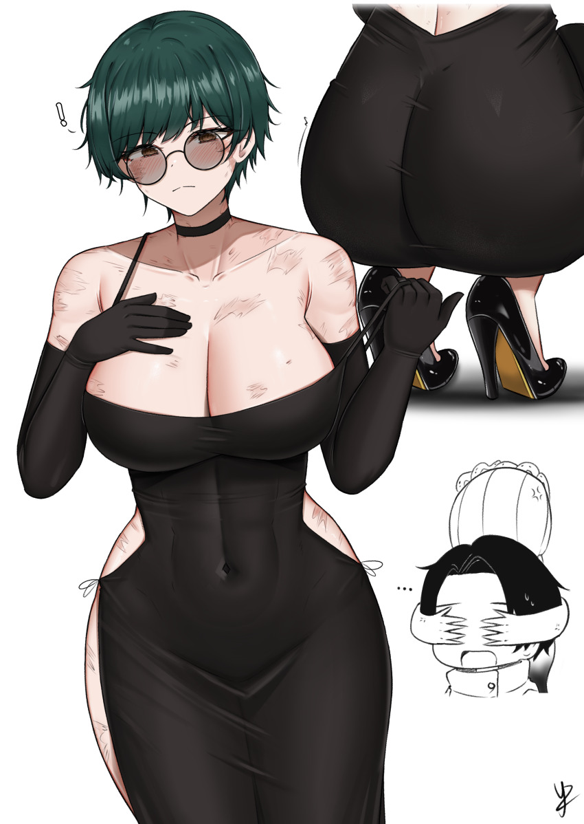 ! ... 1boy 1girl 1other absurdres anger_vein armpit_crease artist_logo ass ass_focus backless_dress backless_outfit bare_shoulders black_choker black_dress black_footwear black_gloves blush breasts brown_eyes burn_scar chibi choker cleavage closed_mouth clothing_cutout collarbone covered_abs covered_navel covering_another&#039;s_eyes cowboy_shot dress elbow_gloves evening_gown gloves green_hair high_heels highres huge_ass jujutsu_kaisen large_breasts logo looking_at_viewer low_neckline multiple_views okkotsu_yuuta open_mouth orimoto_rika round_eyewear scar scars_all_over short_hair side-tie_dress side_cutout simple_background sleeveless sleeveless_dress spaghetti_strap squatting standing strap_slip sunglasses sweat swept_bangs taut_clothes taut_dress thick_thighs thighs tight_clothes tight_dress toned toned_female too_many white_background wide_hips yukaraishin zen&#039;in_maki