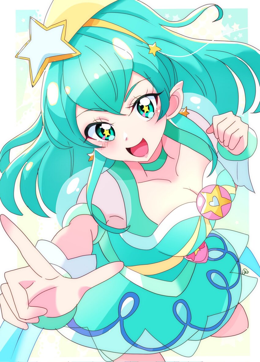 1girl alternate_breast_size aqua_background aqua_choker aqua_dress aqua_eyes aqua_hair aqua_pantyhose blush bracelet breasts bubble_skirt choker cleavage cure_milky dress earrings hagoromo_lala hair_ornament hairband highres jewelry looking_at_viewer magical_girl medium_breasts momotarouooi open_mouth pantyhose pointy_ears precure see-through_clothes see-through_sleeves shooting_star_hair_ornament short_hair single_leg_pantyhose skirt smile solo star-shaped_pupils star_(symbol) star_color_pen star_earrings star_hair_ornament star_in_eye star_twinkle_precure symbol-shaped_pupils symbol_in_eye white_background yellow_hairband