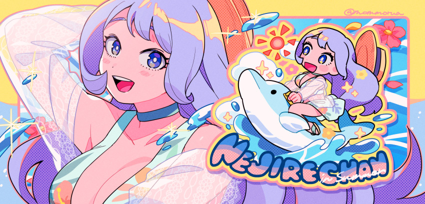 1girl :d arm_up artist_name bikini blue_bikini blue_choker blue_eyes blush boku_no_hero_academia breasts bright_pupils character_name chibi chibi_inset choker cleavage english_text flower hado_nejire hat highres inflatable_dolphin inflatable_toy large_breasts light_purple_hair long_hair long_sleeves looking_at_viewer mommorua multiple_views off_shoulder official_alternate_costume open_mouth screentones see-through_clothes see-through_shirt shirt smile splashing sun sun_hat swimsuit teeth tied_shirt twitter_username upper_teeth_only very_long_hair water white_pupils