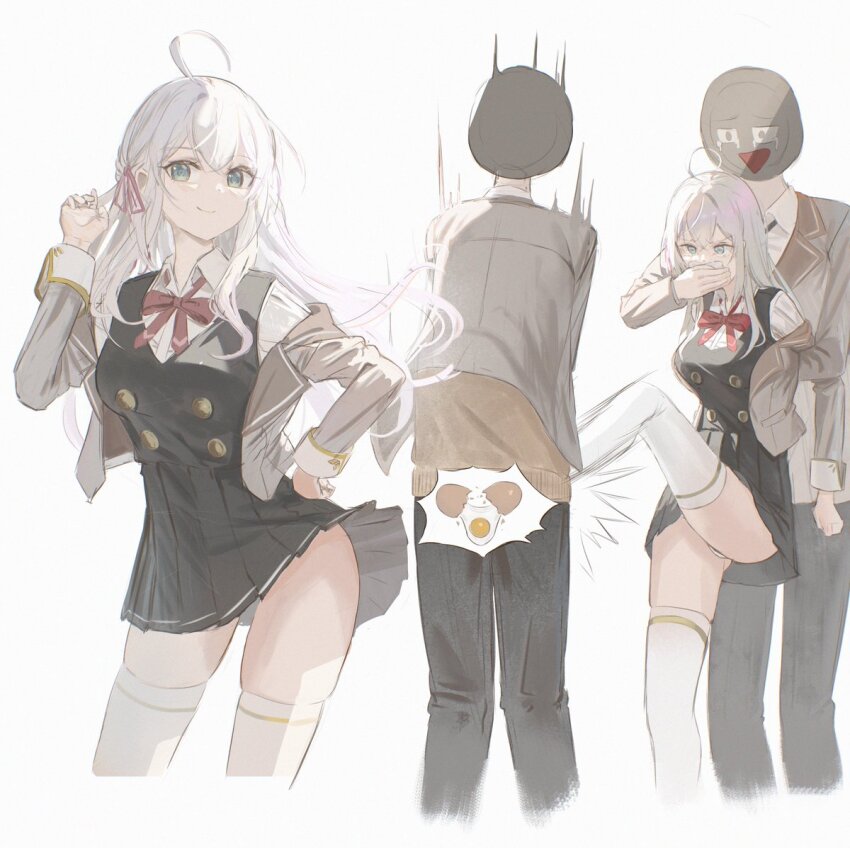 1girl 2boys ahoge alisa_mikhailovna_kujou ass blazer blue_eyes bow bowtie breasts cailin020 collared_shirt grey_hair jacket long_hair looking_at_viewer medium_breasts multiple_boys panties pleated_skirt punching red_bow red_bowtie shirt skindentation skirt thigh_gap thighhighs tokidoki_bosotto_roshia-go_de_dereru_tonari_no_alya-san underwear very_long_hair vest white_background white_panties white_shirt white_thighhighs zettai_ryouiki