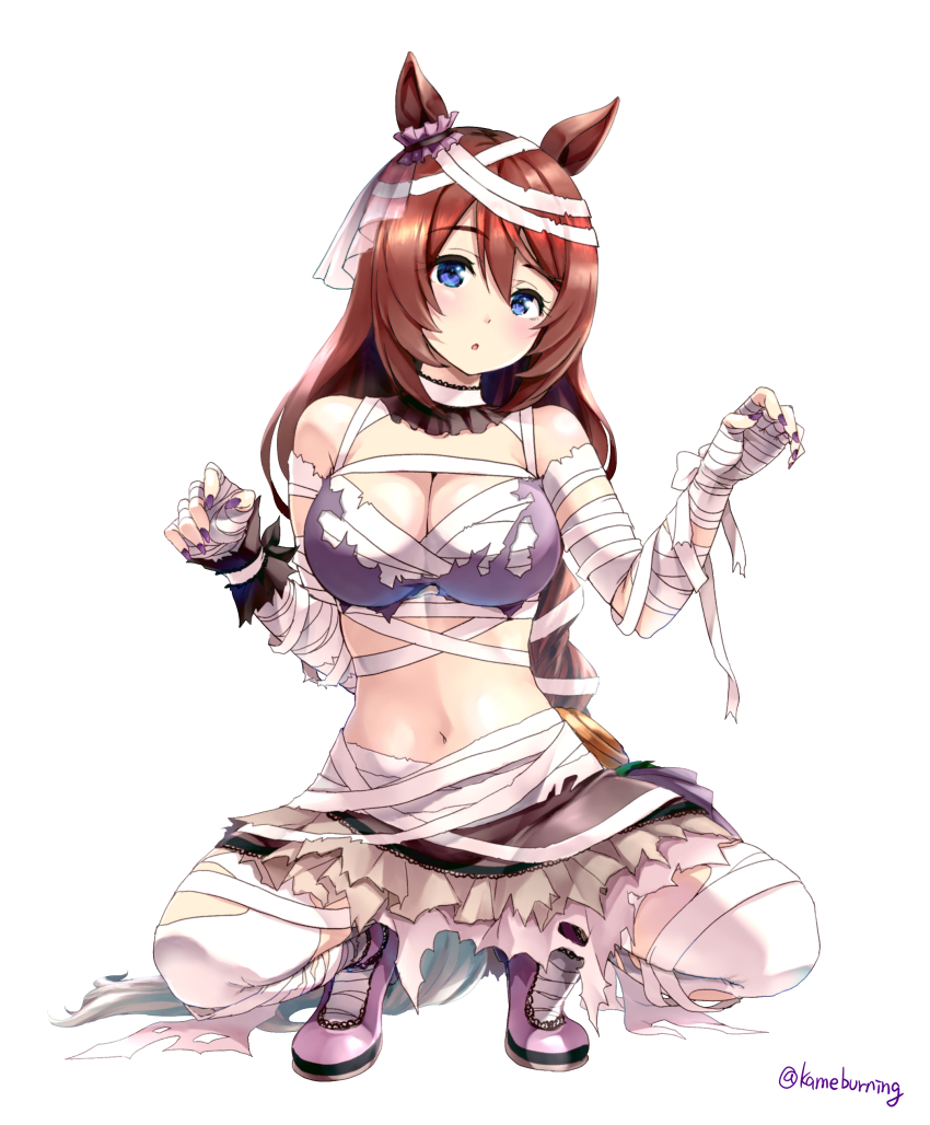 1girl absurdres animal_ears bandage_on_hair bandaged_arm bandaged_leg bandaged_torso bandages bandeau bare_shoulders blue_eyes blush breasts brown_hair chest_sarashi choker claw_pose cleavage commentary_request double-parted_bangs ear_scrunchie frilled_choker frilled_skirt frills full_body grey_skirt hair_between_eyes head_tilt highres horse_ears kameburning large_breasts long_hair looking_at_viewer low-braided_long_hair low-tied_long_hair midriff mummy_costume navel official_alternate_costume parted_lips purple_bandeau purple_shoes sarashi shoes simple_background skirt solo squatting super_creek_(chiffon_ribbon_mummy)_(umamusume) super_creek_(umamusume) thighhighs torn_bandeau torn_clothes torn_skirt torn_thighhighs twitter_username umamusume veil very_long_hair white_background white_choker white_thighhighs