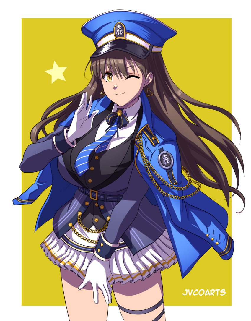 1girl artist_name blue_coat blue_hat blue_necktie breasts brown_hair coat coat_on_shoulders collared_shirt cowboy_shot diesel_(nikke) earrings gloves goddess_of_victory:_nikke hand_up hat highres jewelry jvco_arts large_breasts long_hair looking_at_viewer necktie one_eye_closed pleated_skirt shirt skirt smile star_(symbol) striped_necktie thigh_strap triangle_earrings white_gloves white_shirt white_skirt yellow_eyes