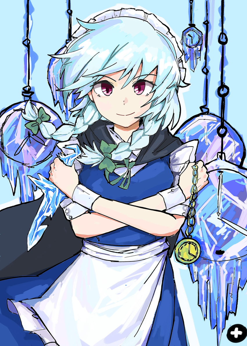 1girl absurdres apron black_cape bow braid cape chinese_commentary closed_mouth commentary_request frozen green_bow grey_hair hair_bow highres holding holding_knife izayoi_sakuya knife long_hair looking_at_viewer maid maid_headdress pocket_watch red_eyes smile solo stunionjy touhou twin_braids waist_apron watch white_apron wrist_cuffs