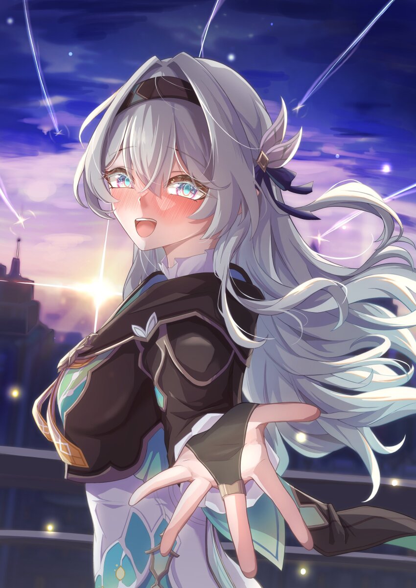 1girl absurdres blue_ribbon blush bridal_gauntlets brown_hairband brown_jacket collared_dress cropped_jacket dress firefly_(honkai:_star_rail) gradient_eyes gradient_hair green_pupils grey_hair hair_between_eyes hair_intakes hair_ornament hair_ribbon hairband highres honkai:_star_rail honkai_(series) jacket long_hair multicolored_eyes multicolored_hair neckerchief open_mouth orange_neckerchief railing reaching reaching_towards_viewer ribbon shooting_star single_bridal_gauntlet smile solo tefutefufu white_dress